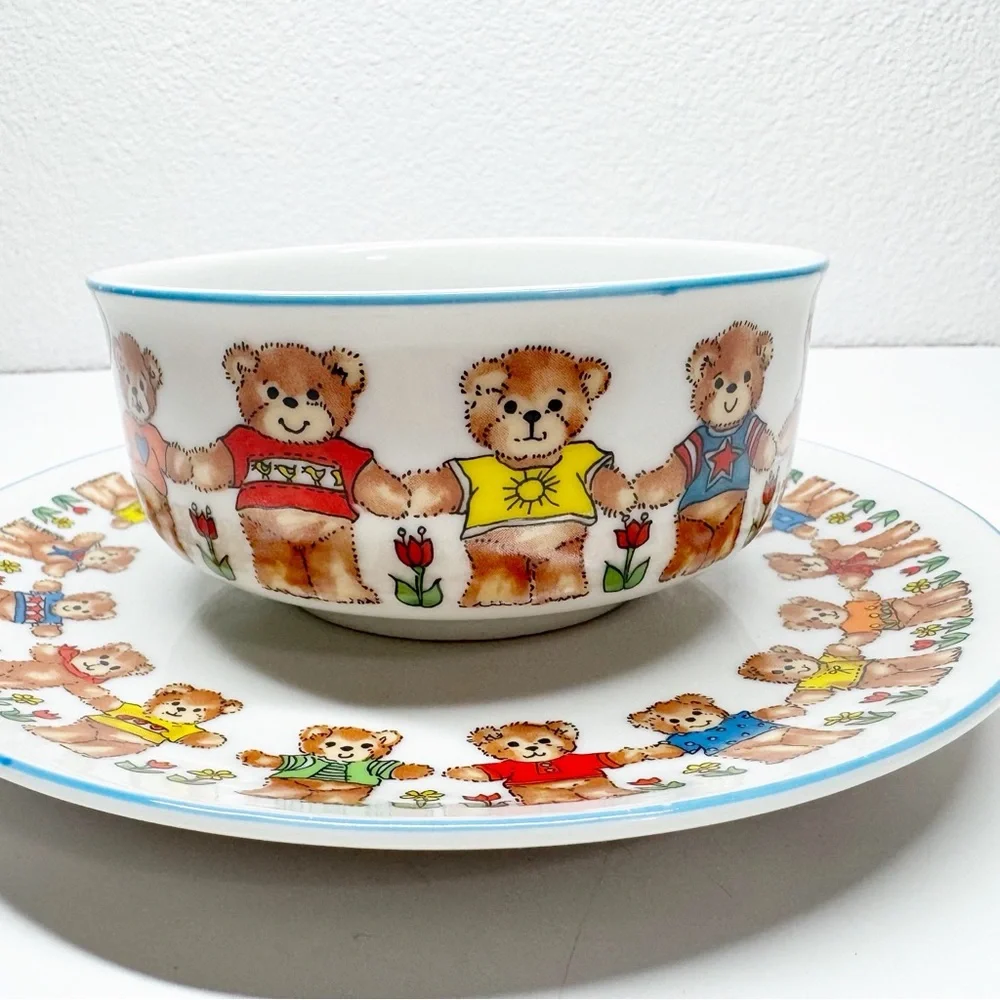 Vintage 70s 1979 Enesco Lucy Ring Teddy Bear Bowl and Plate
